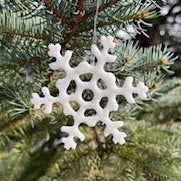 White snowflake ornament on a green pine branch